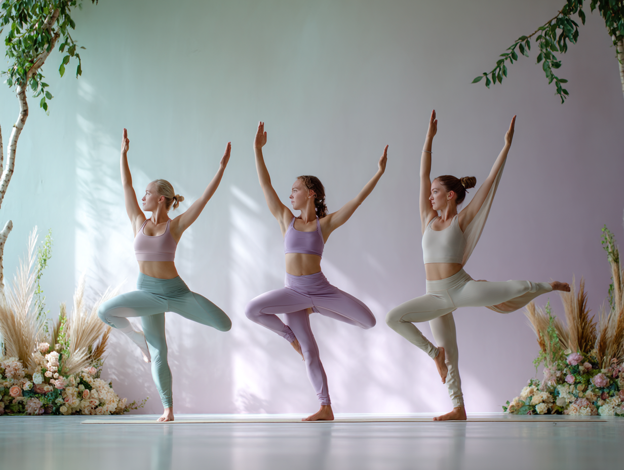 Команда інструкторів різного віку демонструє йога-практики